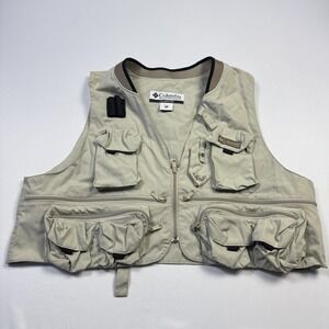 Columbia PFG Vest Mens 2XL Beige Fishing Utility Multi Pocket FM1000 Outdoor